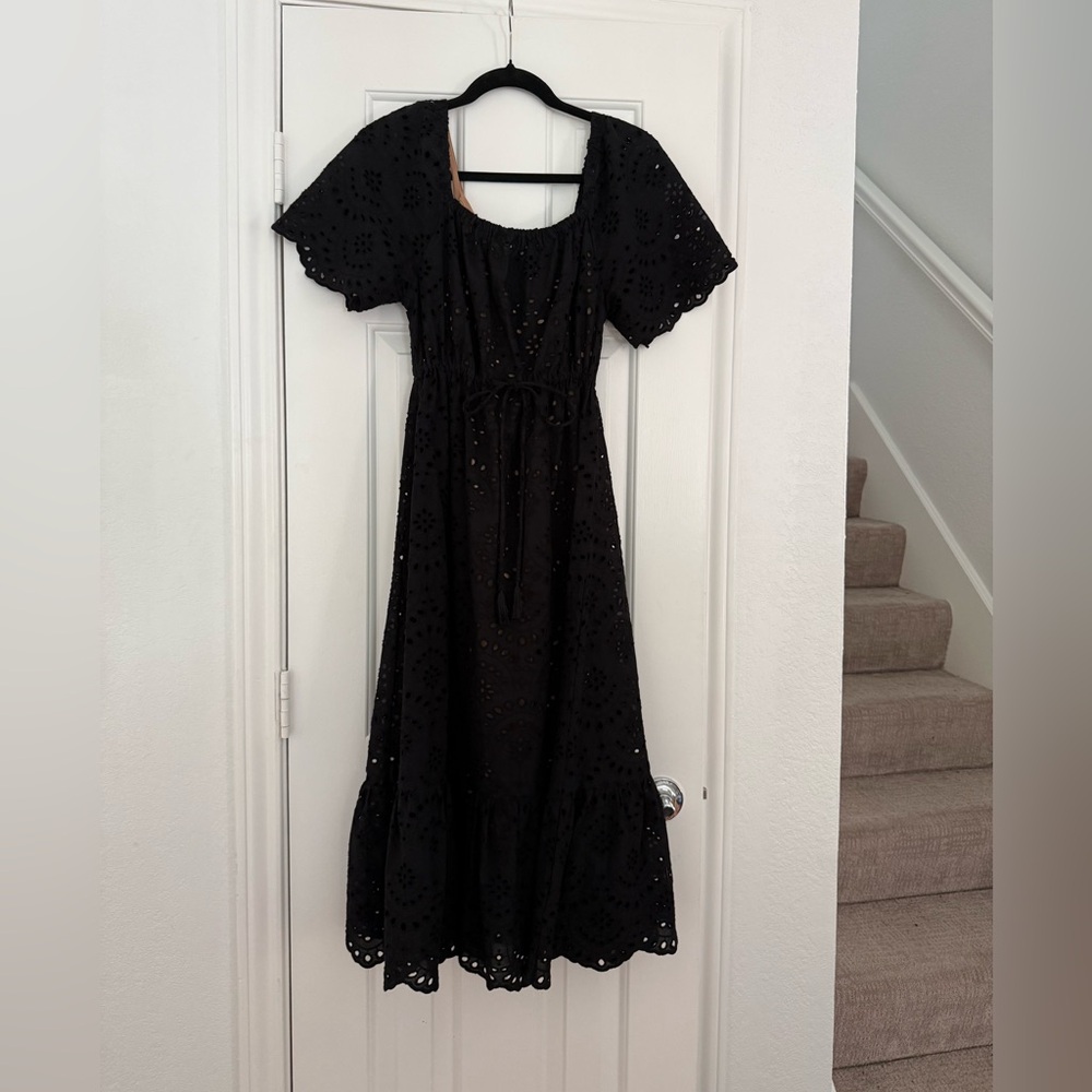 Natalie Martin Black Eyelet Midi Dress with Drawstring Waist Size Small